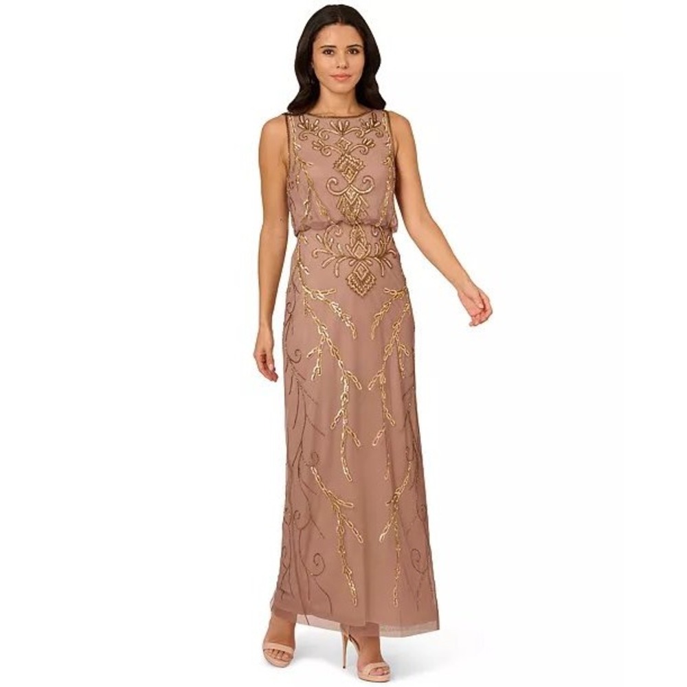 Papell Studio Women Mauve Gold Sequin Beaded Blouson Maxi Gown Dress Size 14